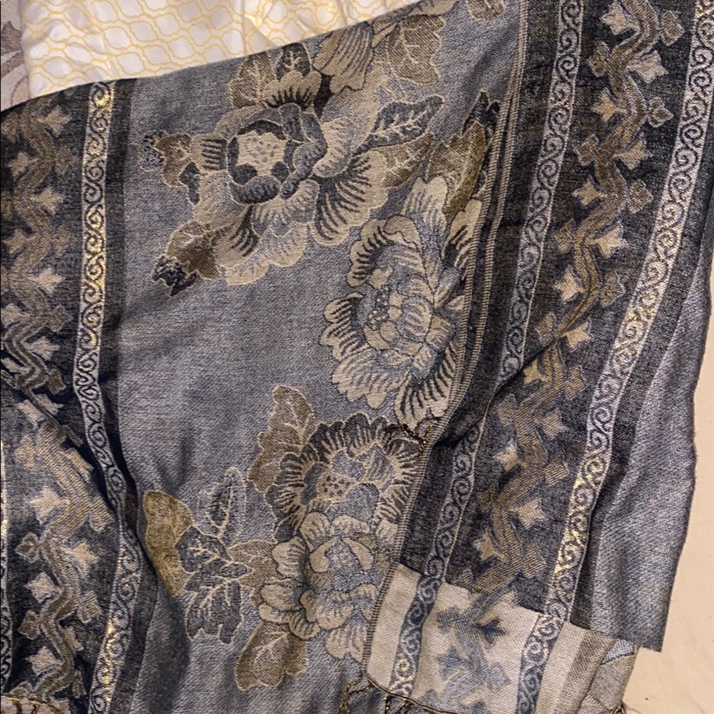 Cejon Blue and Gold Floral Pashmina Scarf vintage